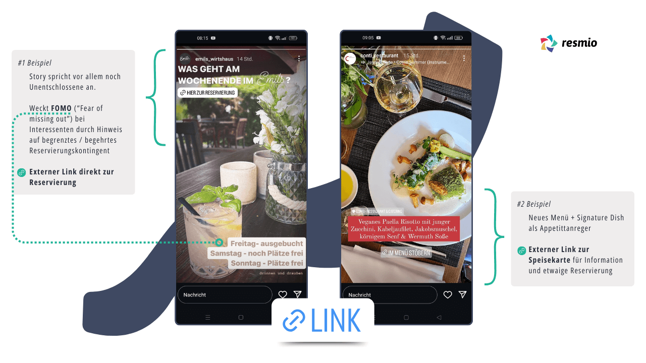 Beispiele für den Einsatz von Link Stickern auf Instagram Story bei Restaurantprofilen